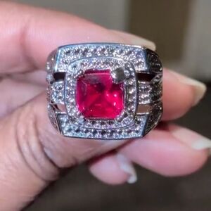 Silver Plated Ring with Red Gemstone Sz 9